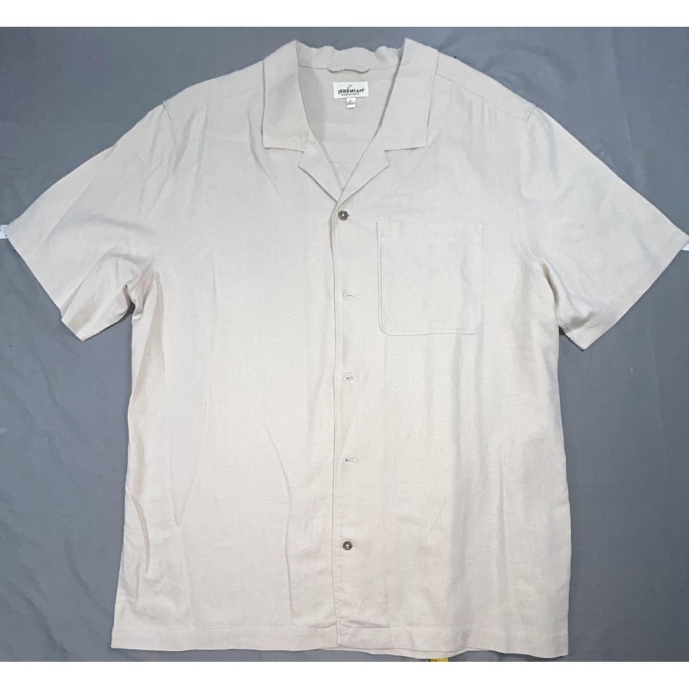 Jeremiah Shirt Mens L Beige Solid Linen Viscose Short Sleeve Button Up Casual